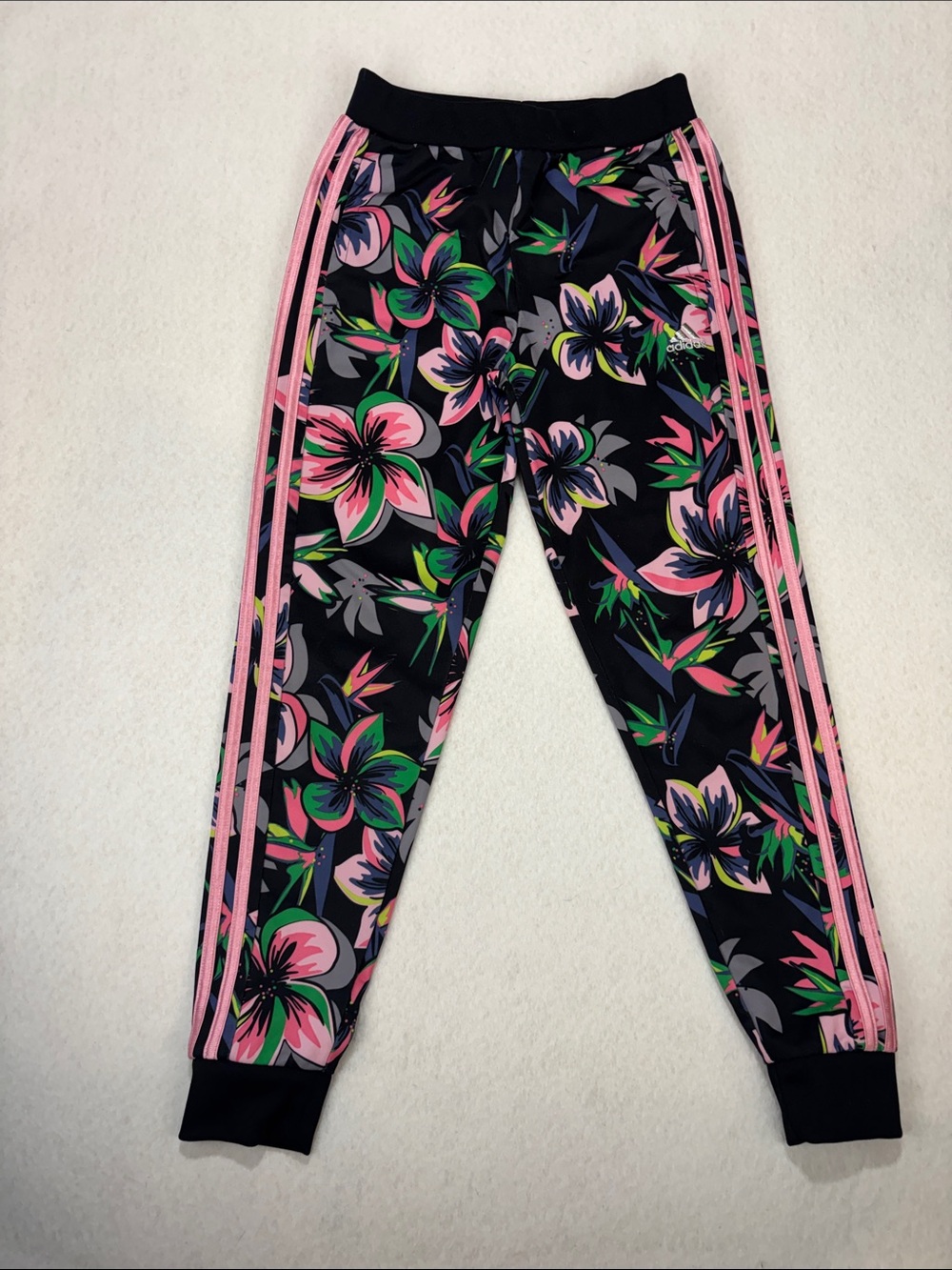 ADIDAS Girls' Floral Joggers Track Pants Sz M (10/12) 3 Stripe w/ Pockets